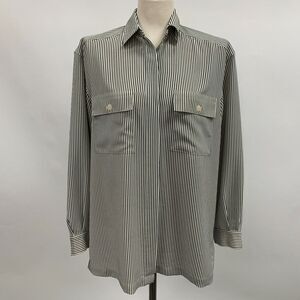 Chaus Women's Top Size 10 Cream Black Striped 100% Polyester Button-Down